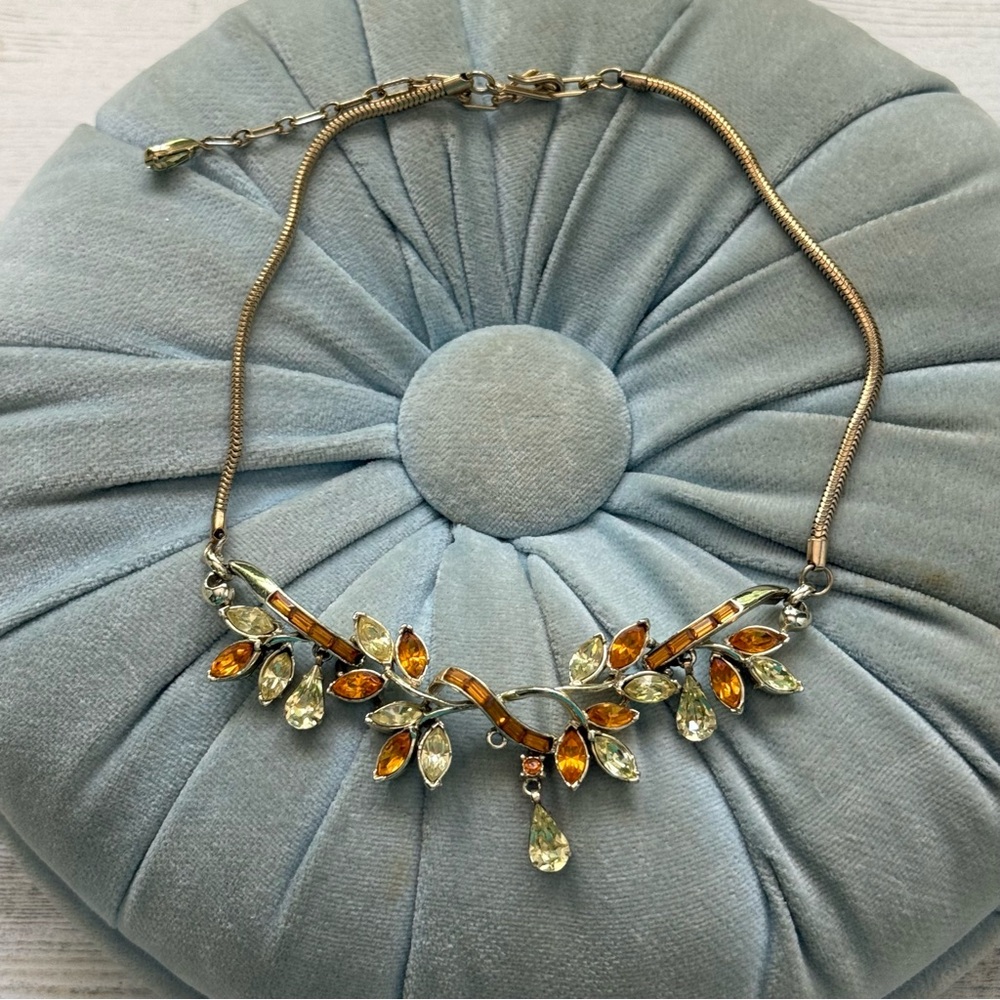 Vintage Goldtone Corocraft Yellow Orange Rhinestone Necklace Signed Mid Century